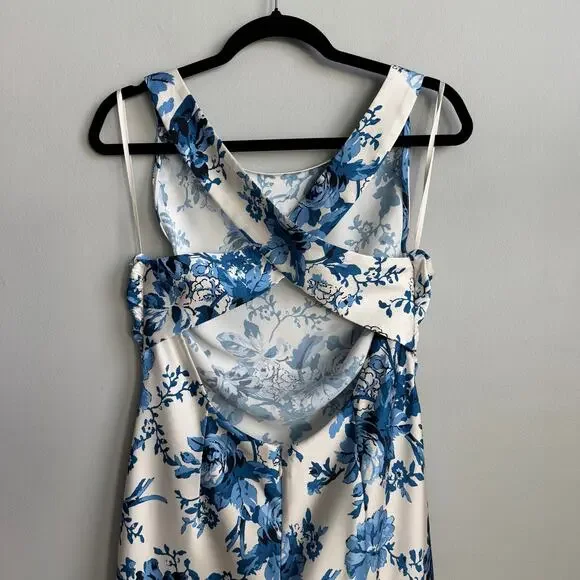 NEW BHLDN Mariella High-Neck Satin Maxi Dress in Blue Floral Size 12 - Picture 8 of 12